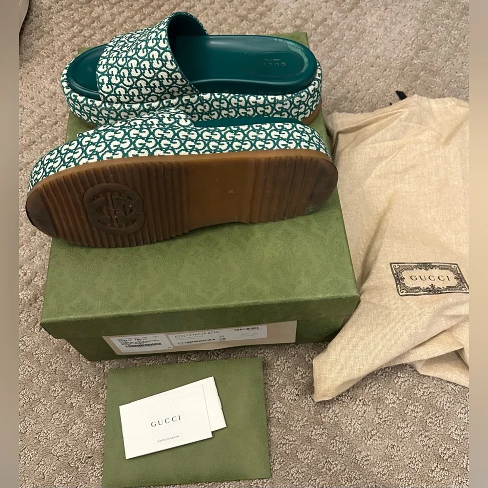 Gucci Angelina slide sandals GG logo platform emerald green canvas tan 39 - Picture 4 of 5